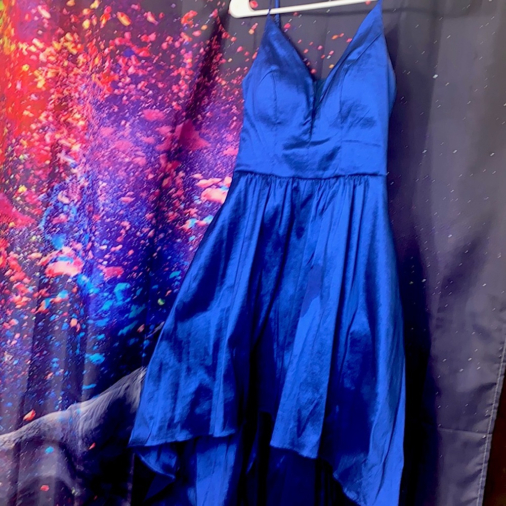 Royal blue Homecoming dress with high low cut.